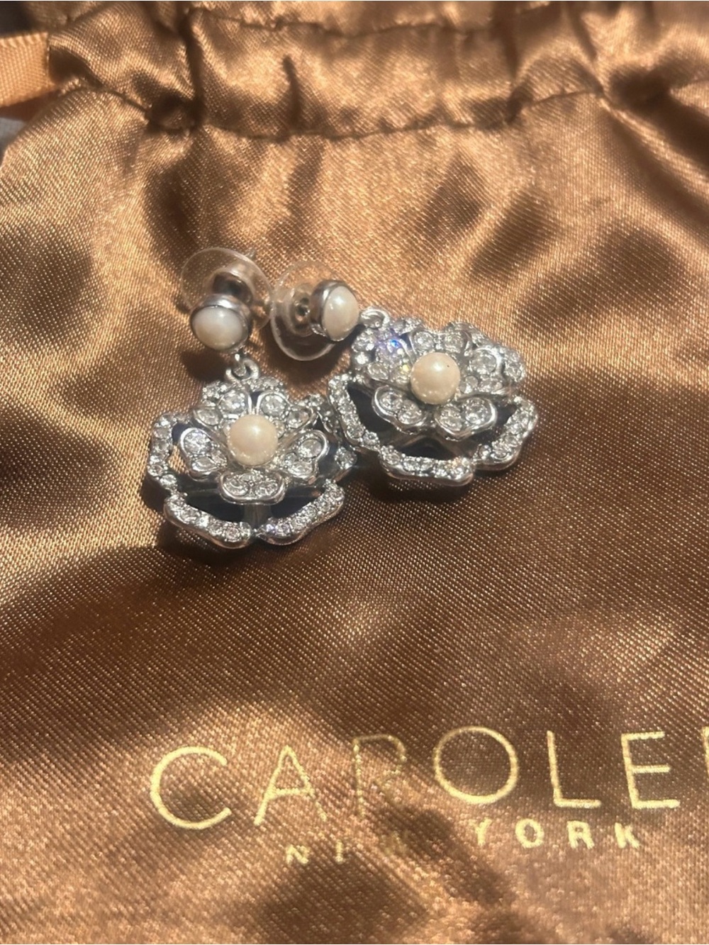 Vintage Carolee Silver Tone Pearl Crystal Flower Drop Earrings”
